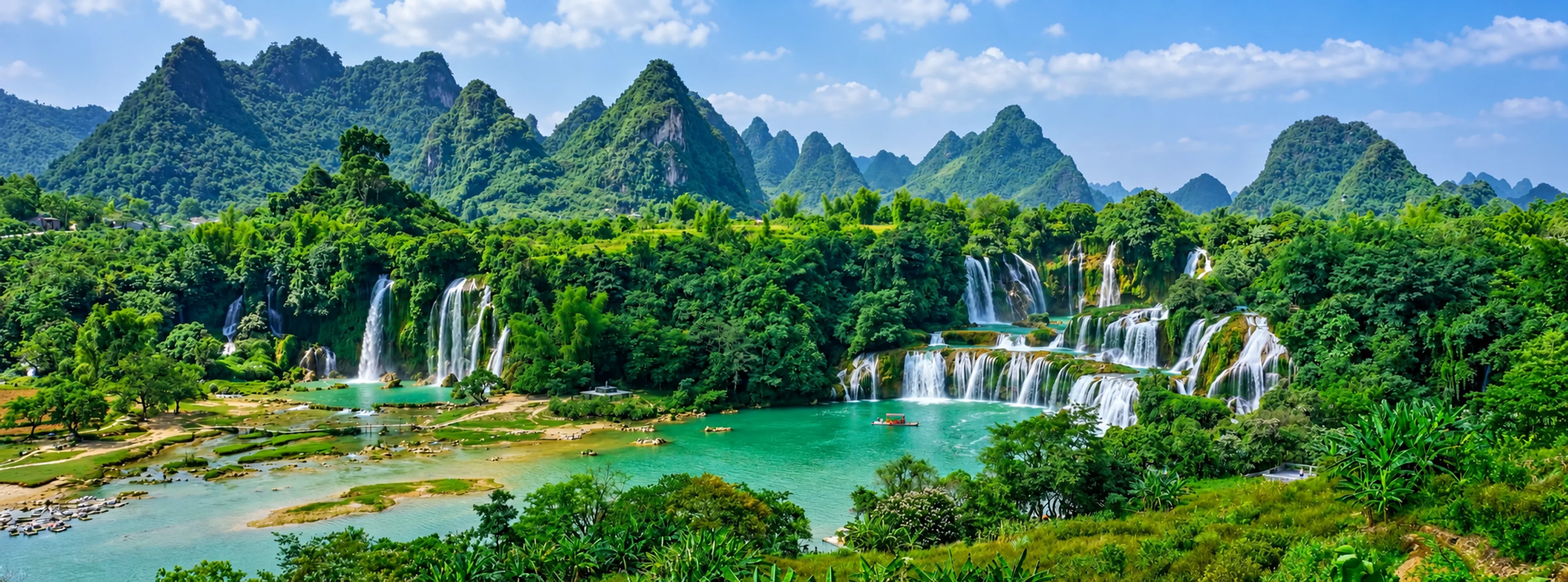 Multi-tiered waterfalls cascading into a turquoise lagoon surrounded by green hills.