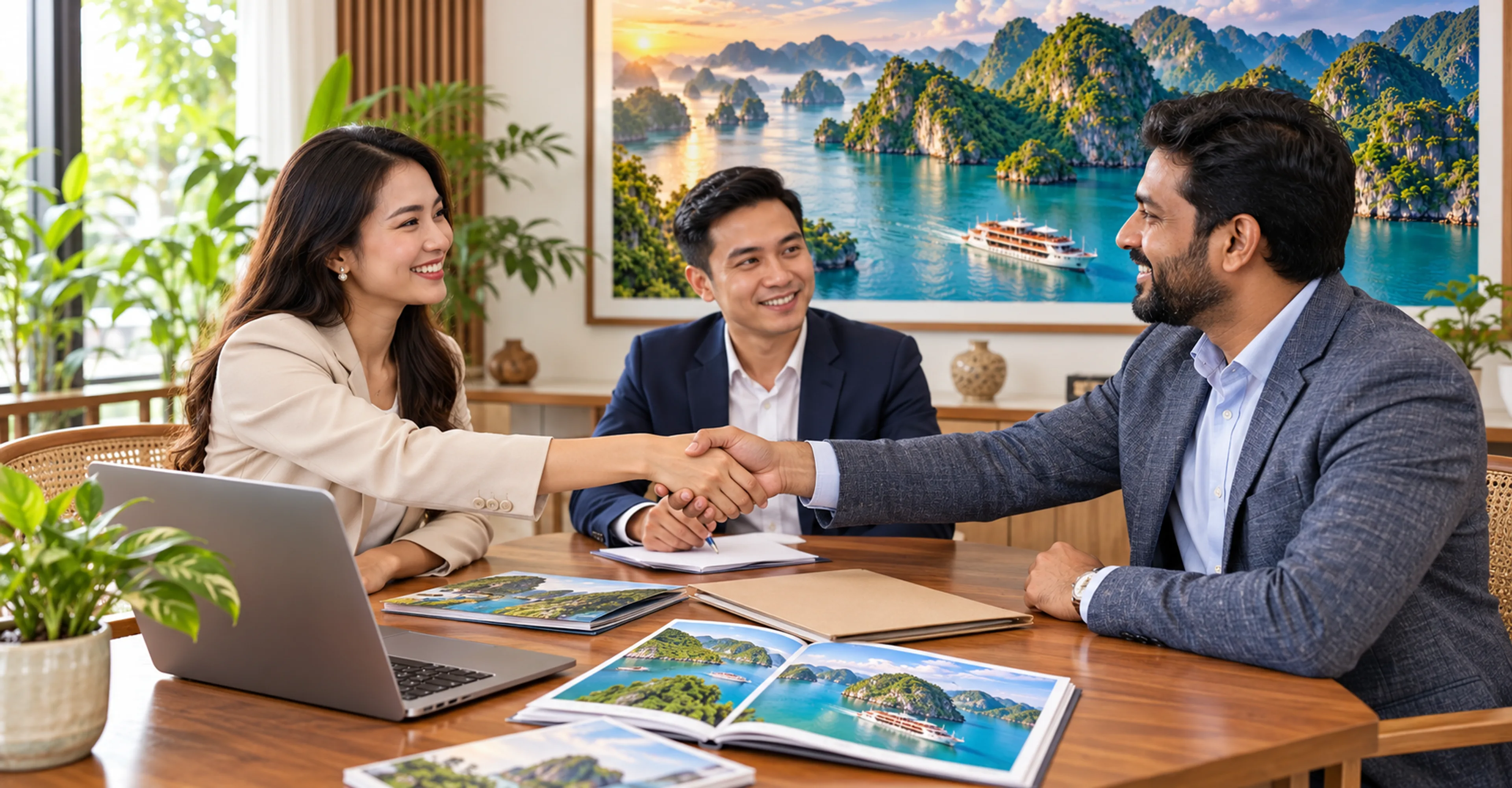 Travel consultants shaking hands with a client over Ha Long Bay brochures