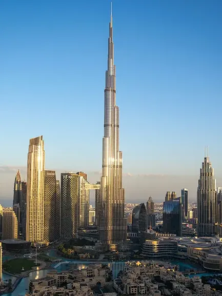 Burj Khalifa skyline view in Dubai with city lights from observation deck