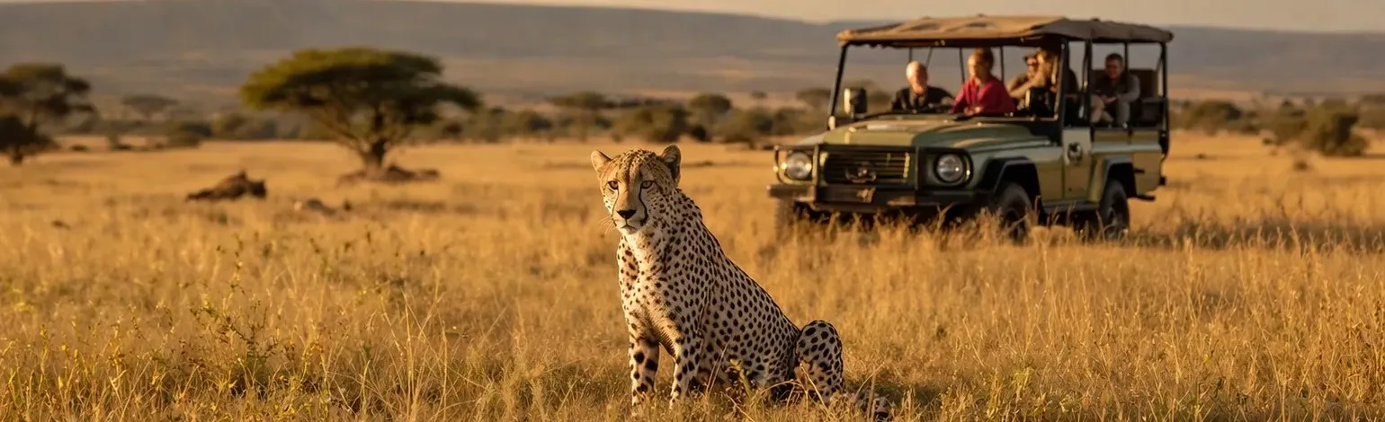 Cheetah resting in golden savannah grass with a safari jeep and travelers in the background during a Kenya wildlife safari
