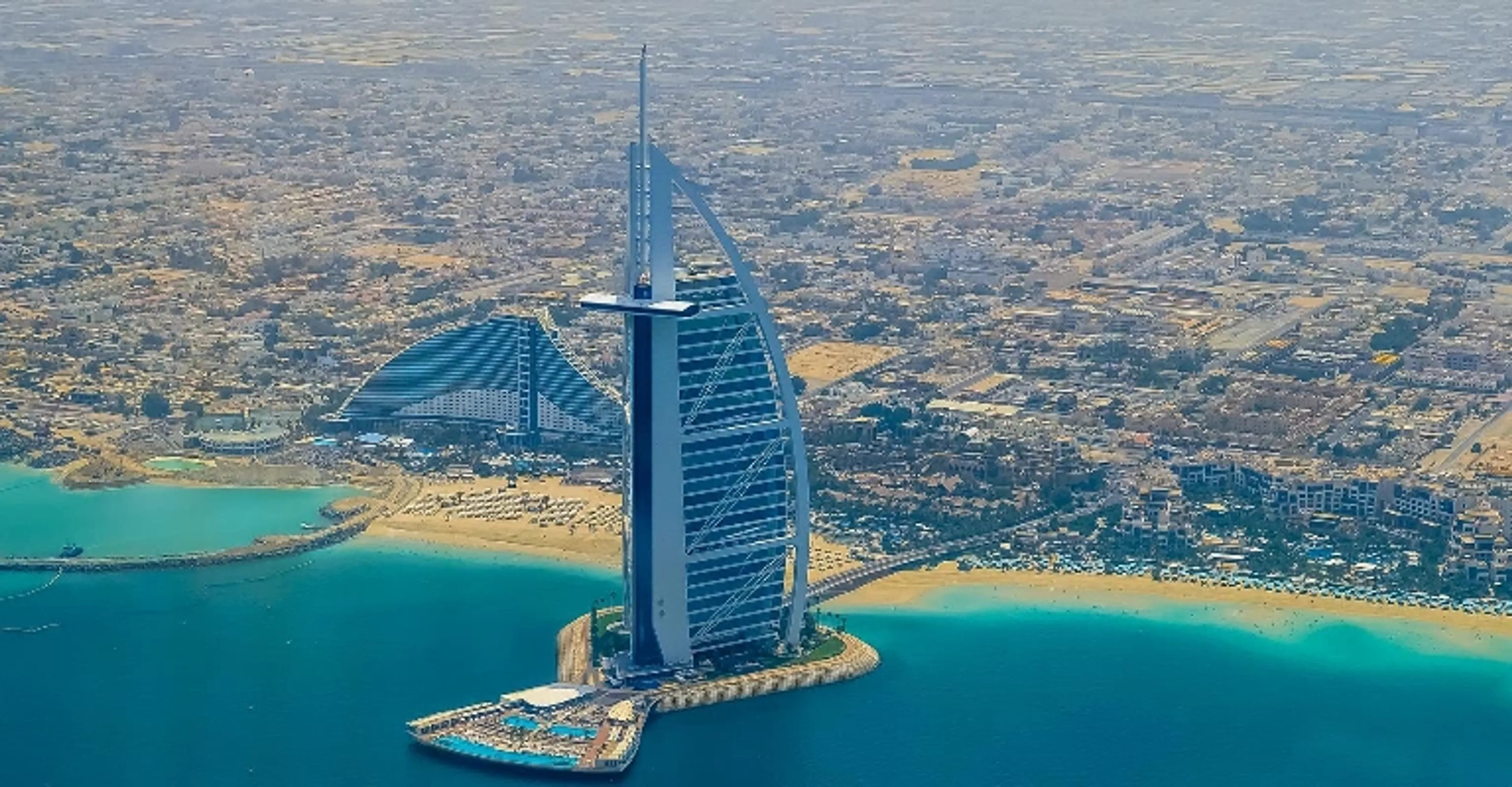 Aerial view of the Burj Al Arab luxury hotel in Dubai