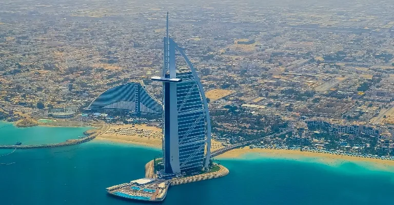 Aerial view of the Burj Al Arab luxury hotel in Dubai