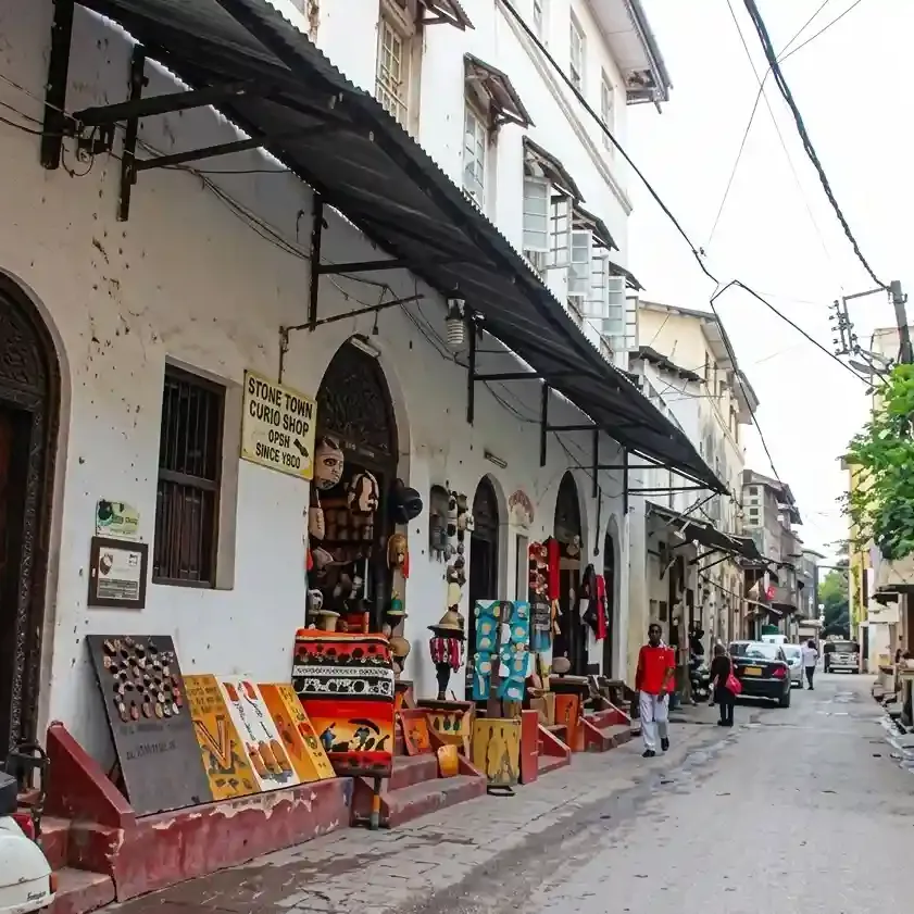 Narrow streets of Mombasa Old Town with Swahili architecture and carved wooden doors