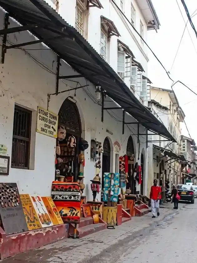 Narrow streets of Mombasa Old Town with Swahili architecture and carved wooden doors