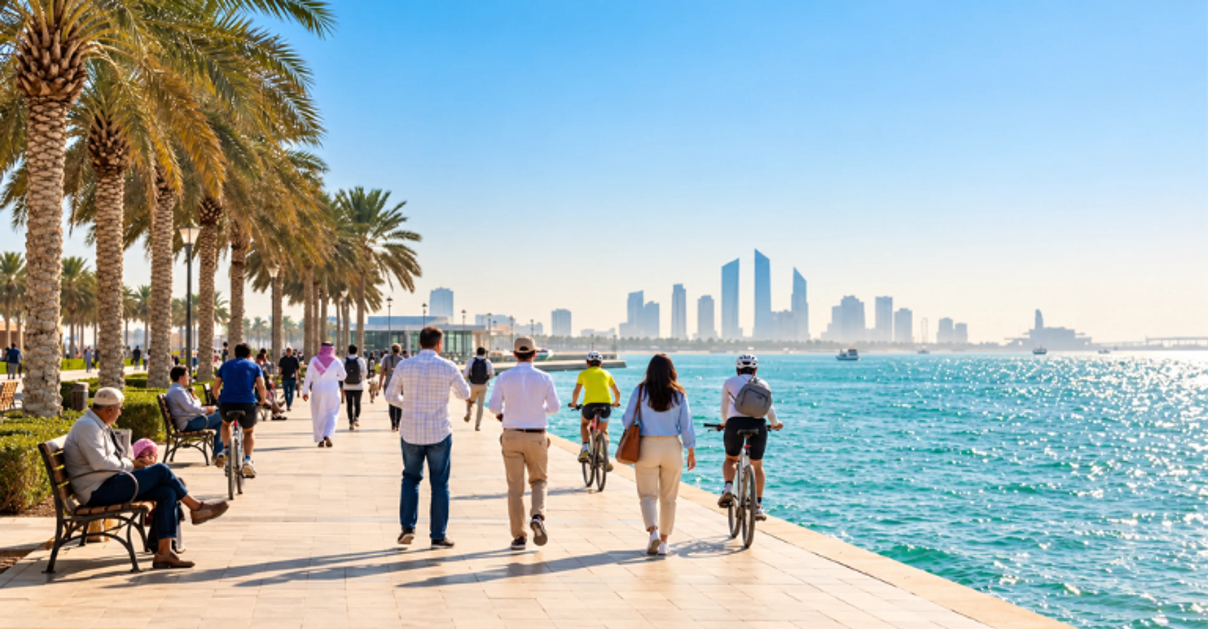 People walking and cycling along the Abu Dhabi Corniche
