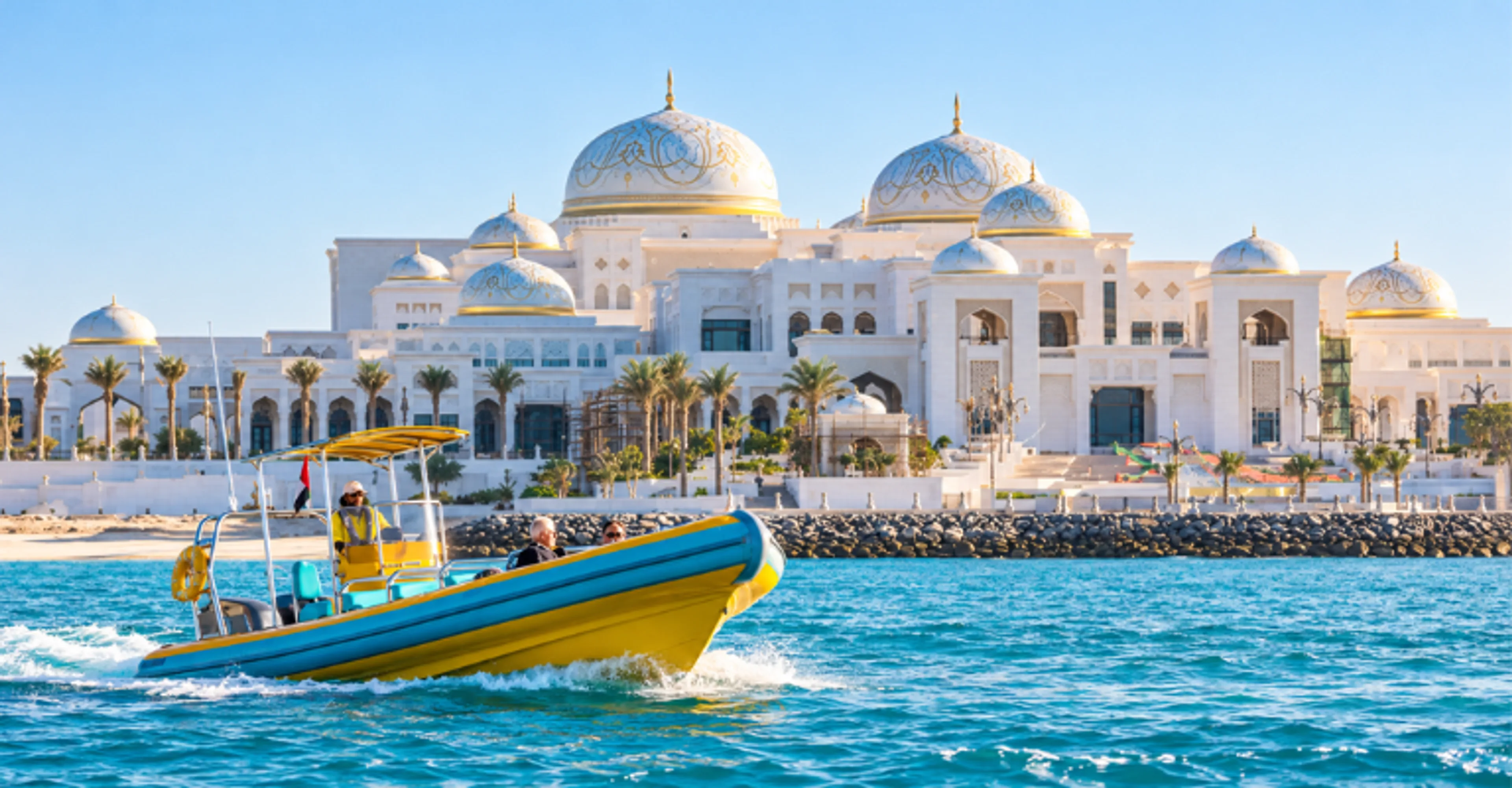 Speedboat passing Qasr Al Watan palace in Abu Dhabi
