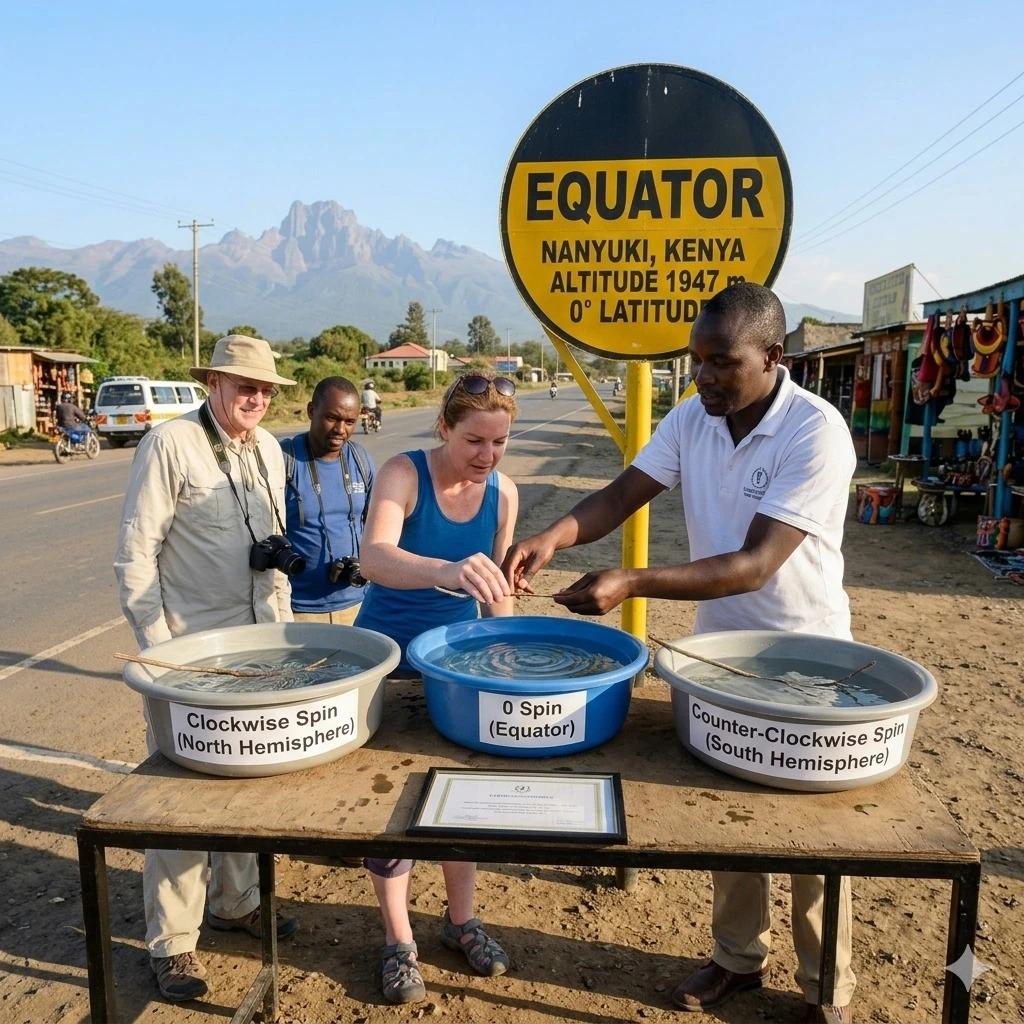 Tourists standing on the Equator line marker in Kenya
