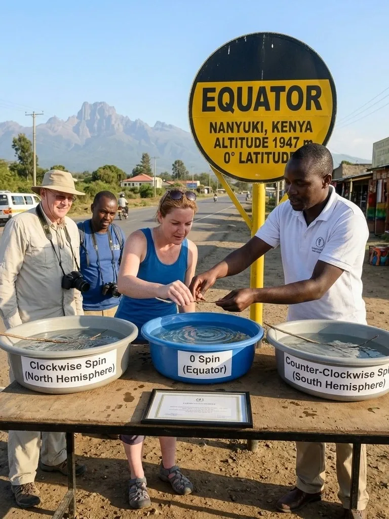 Tourists standing on the Equator line marker in Kenya