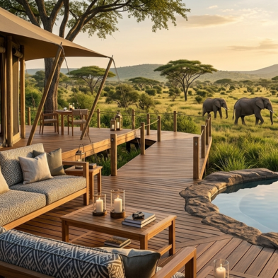 Open-air spa pavilion on a raised wooden deck overlooking a watering hole in the Kenyan bush