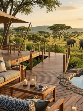 Open-air spa pavilion on a raised wooden deck overlooking a watering hole in the Kenyan bush