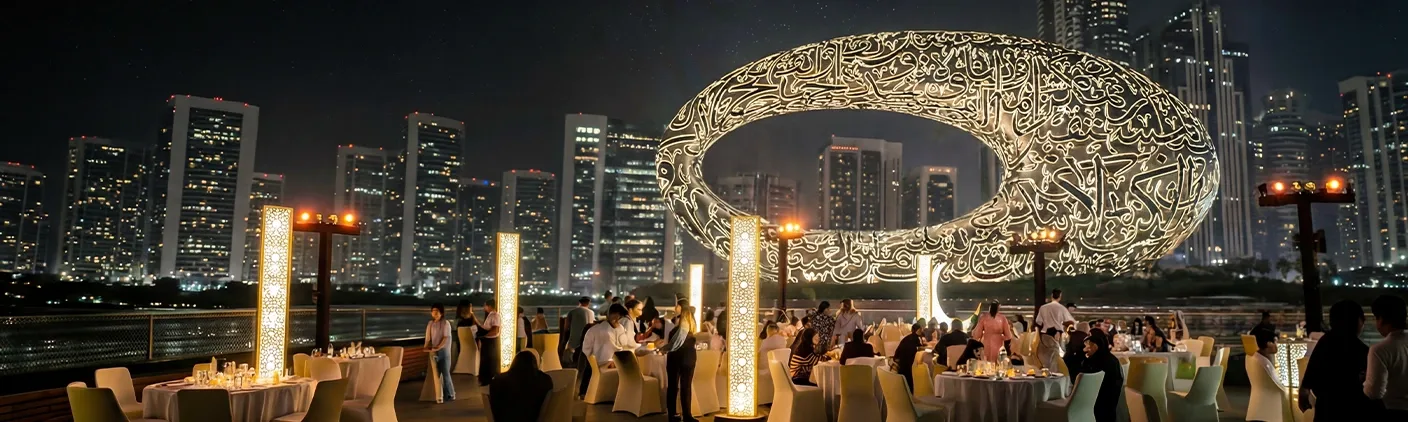 Dubai skyline with Burj Khalifa illuminated during festive celebrations and evening lights