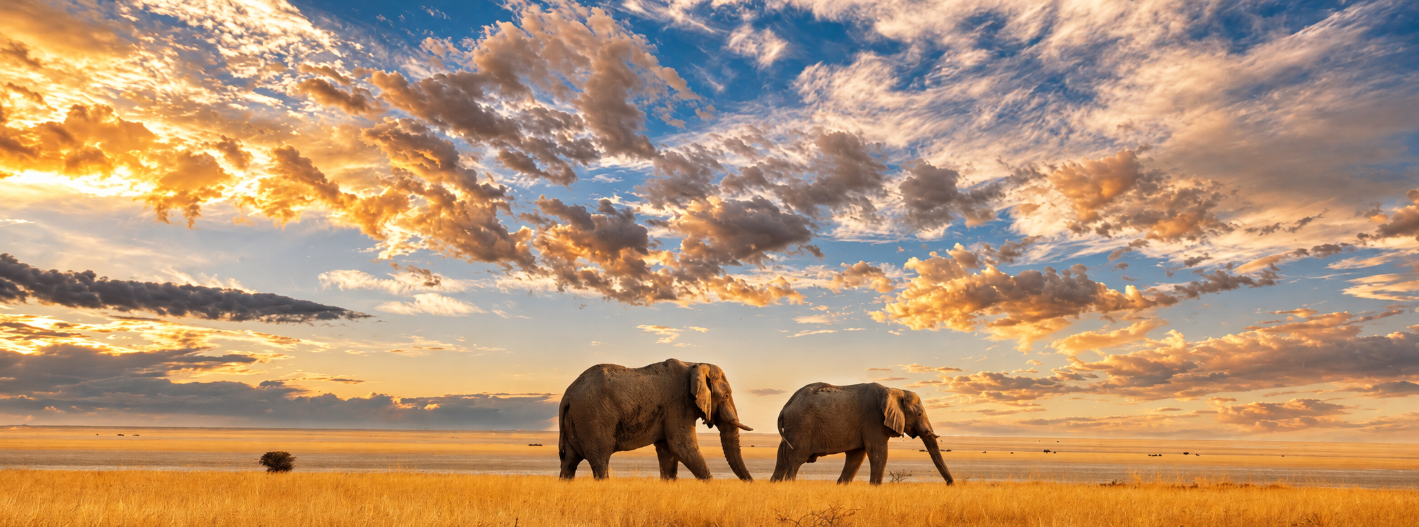 Two elephants walking across the savanna under a golden sunset sky.