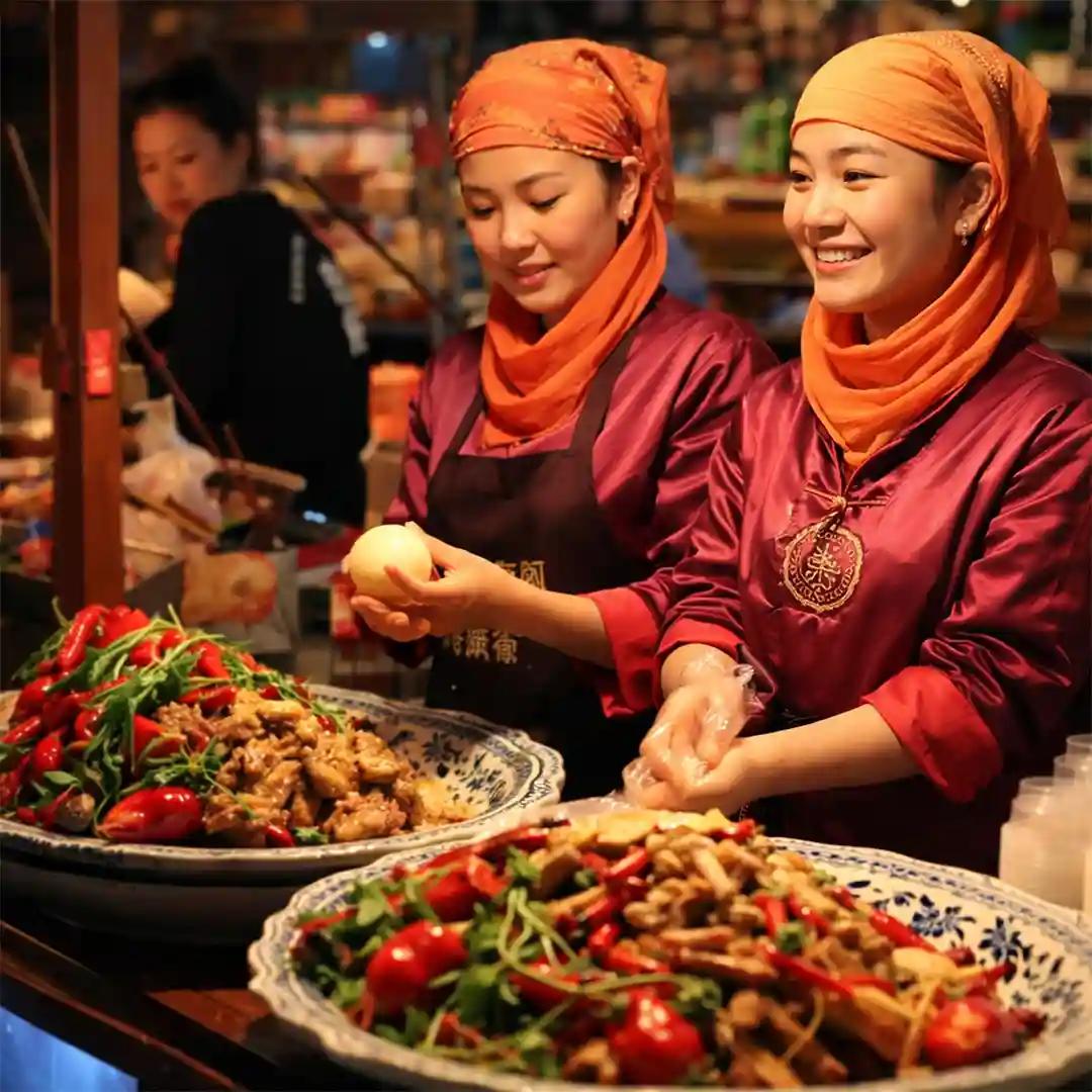 Zhonggulou Square and Hui Min Street Xi'an with busy market stalls, street food vendors, and traditional architecture