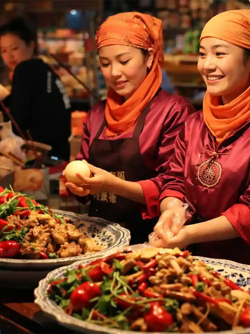 Zhonggulou Square and Hui Min Street Xi'an with busy market stalls, street food vendors, and traditional architecture