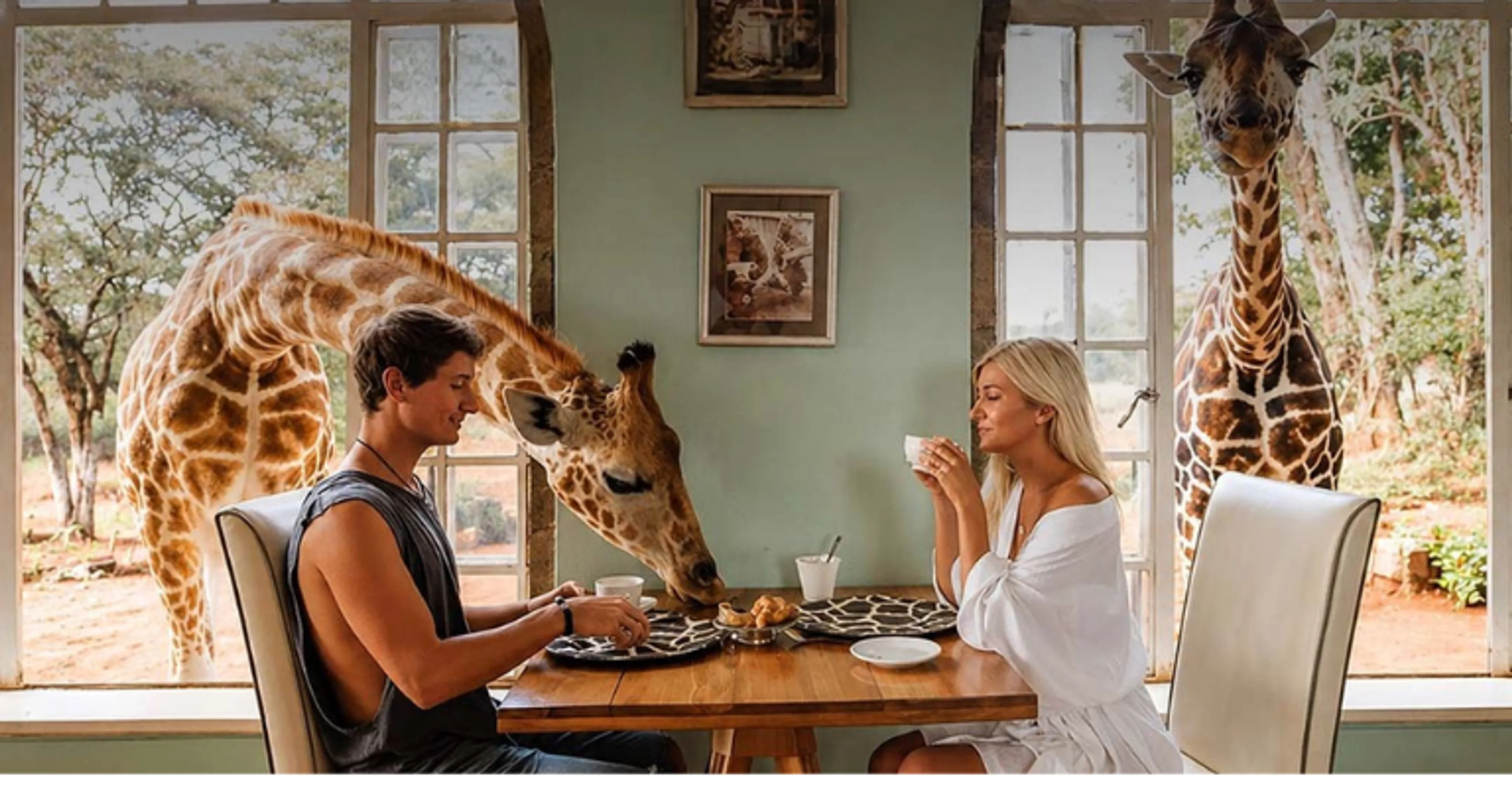 A couple enjoys breakfast at Giraffe Manor while two giraffes lean through open windows to greet them at the dining table.
