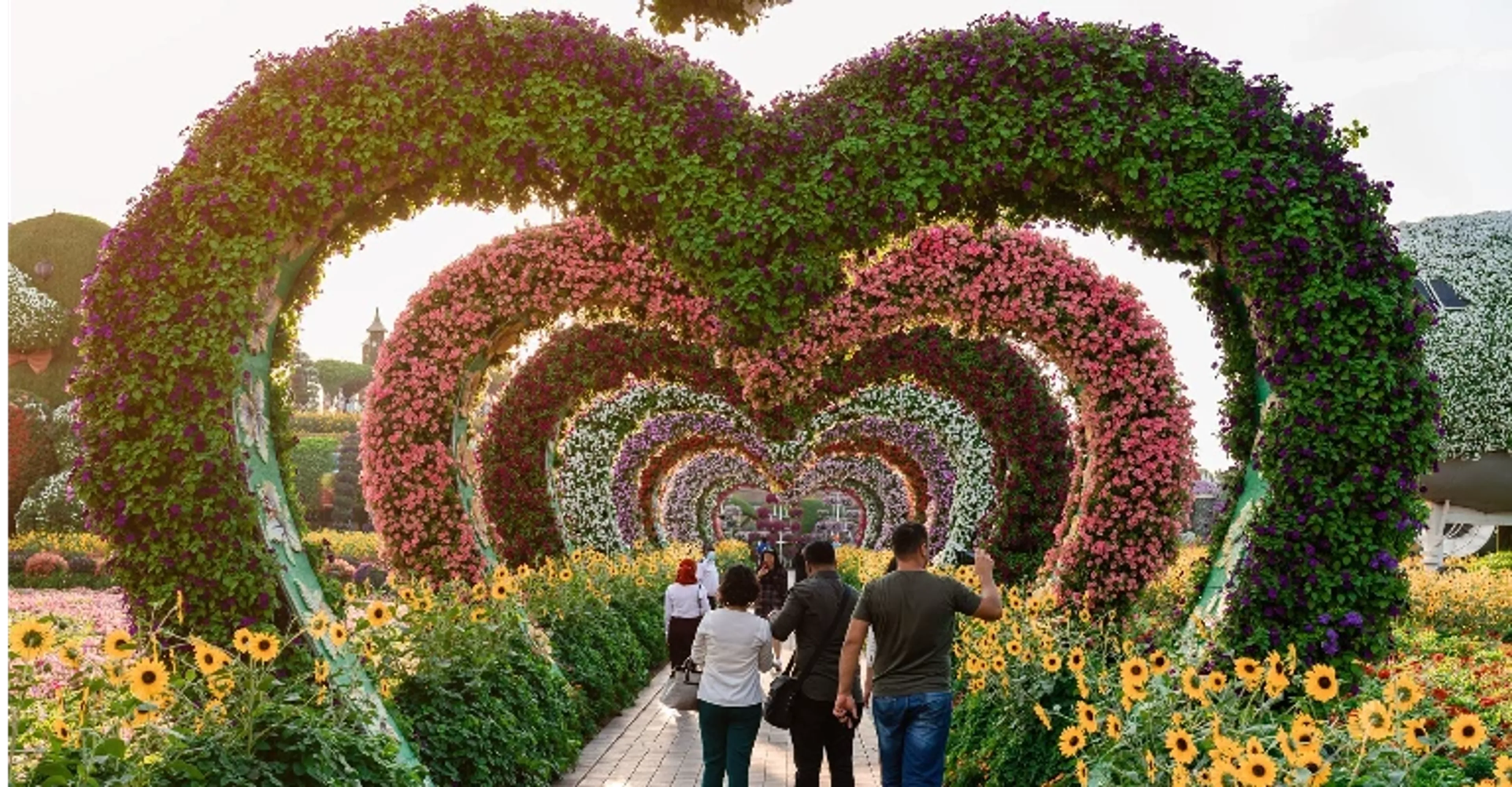 Heart-shaped floral arches at Dubai Miracle Garden