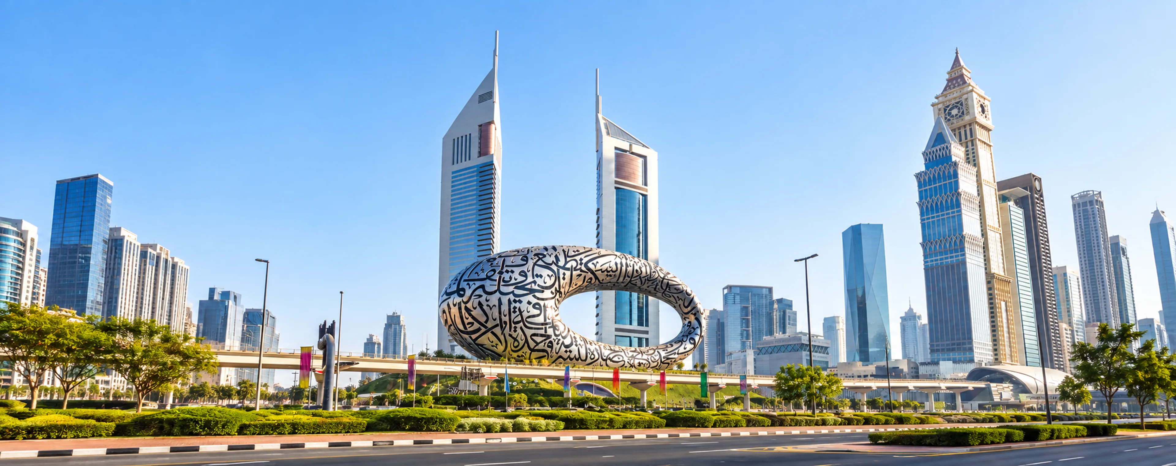 Museum of the Future ring sculpture in Dubai with the Emirates Towers skyline behind it