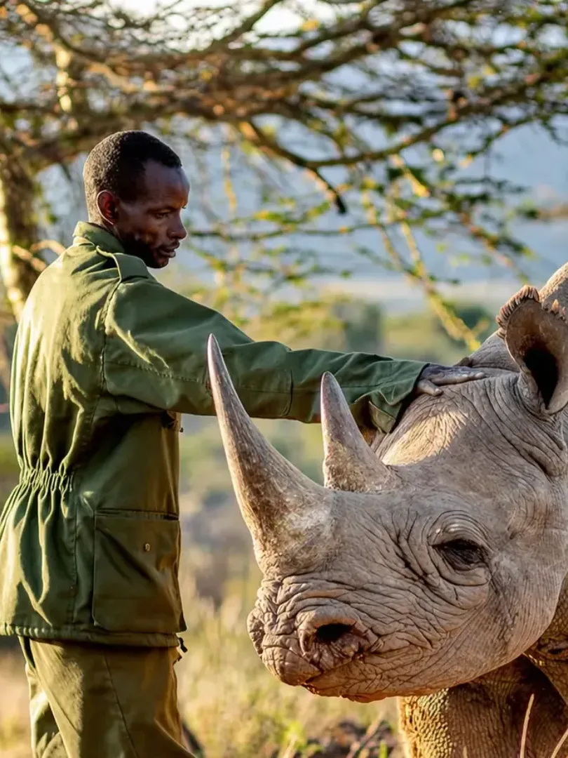 Endangered rhinos roaming the private wilderness of Ol Jogi Wildlife Conservancy surrounded by vast savannah landscapes