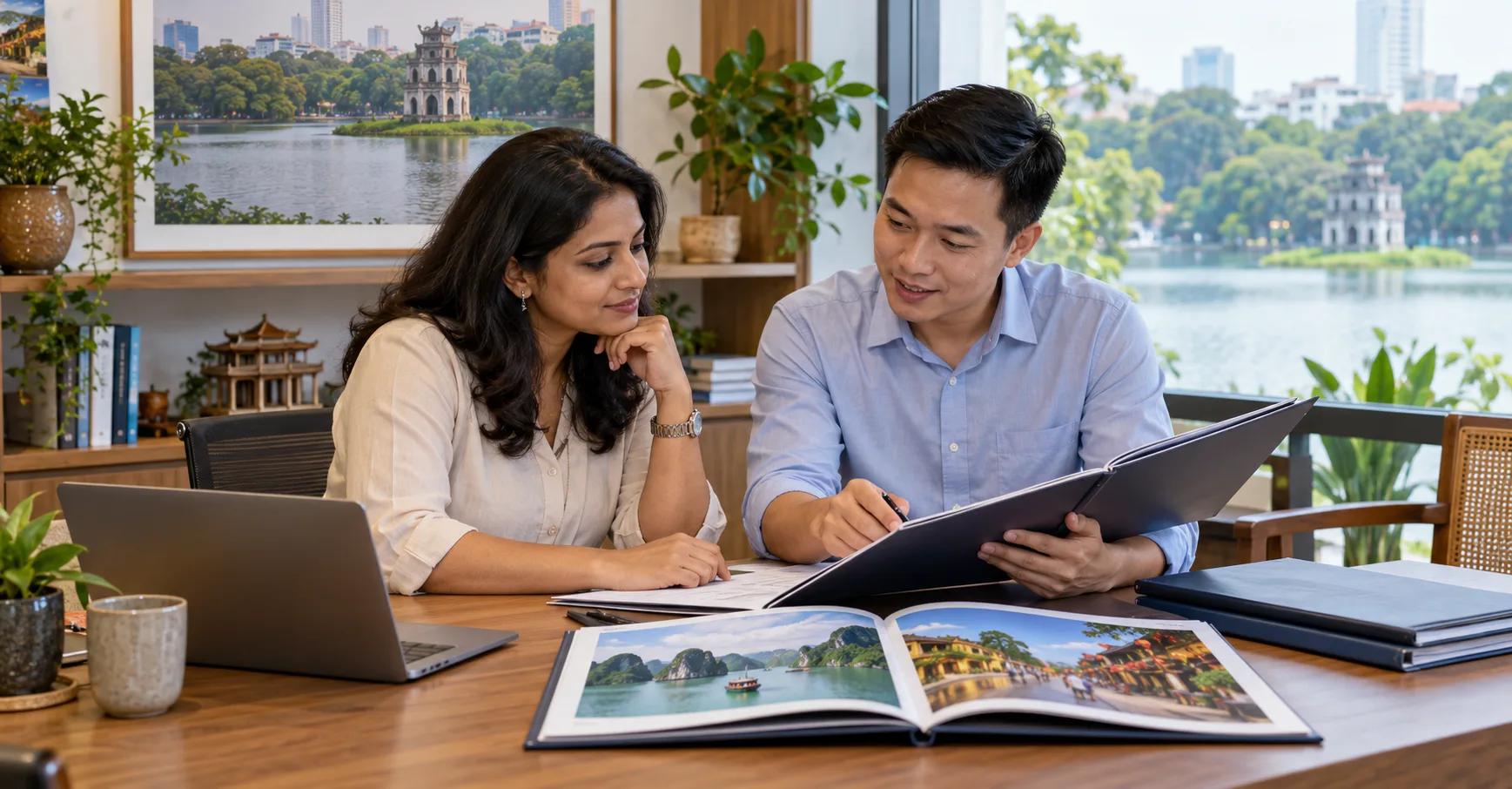 Dedicated Vietnam DMC account manager walking a B2B partner through a travel proposal