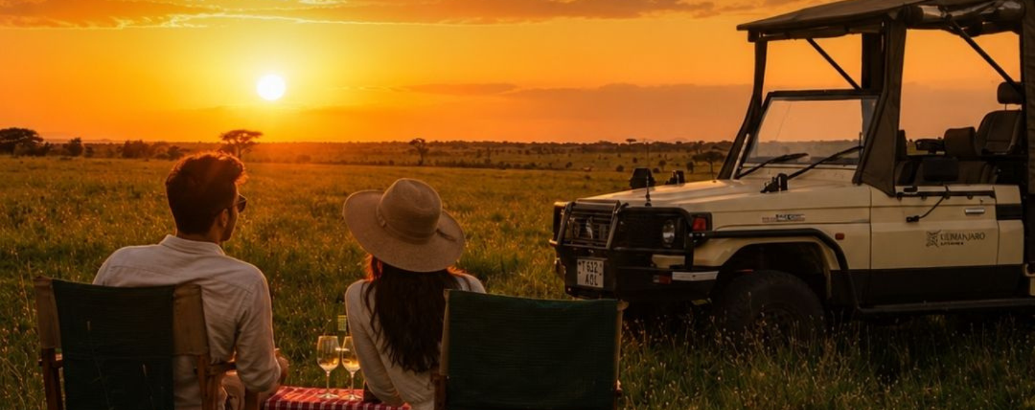 A couple enjoys wine at a sunset bush picnic in the Kenyan savanna, seated beside a safari vehicle as the sun sets over the grasslands.
