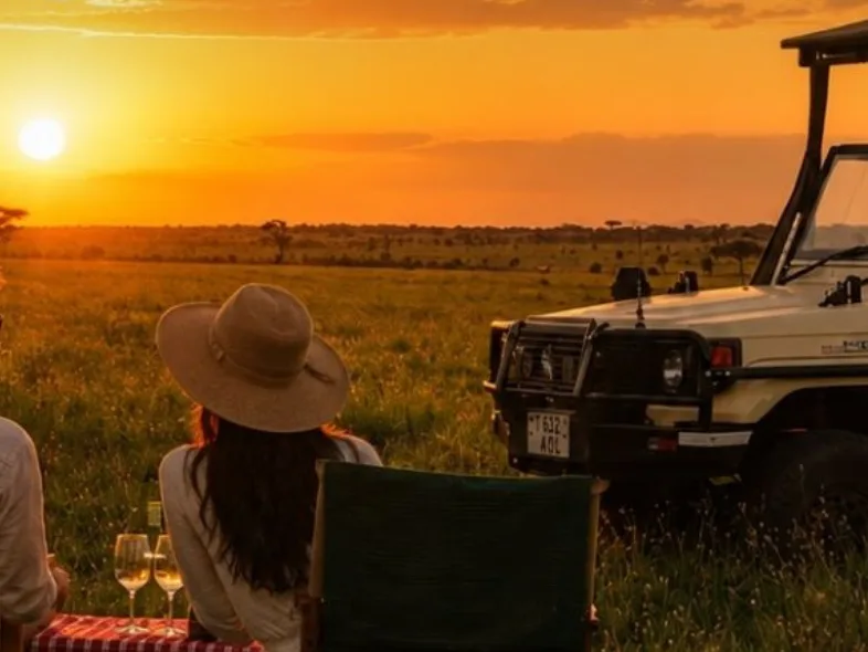 A couple enjoys wine at a sunset bush picnic in the Kenyan savanna, seated beside a safari vehicle as the sun sets over the grasslands.