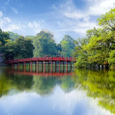 Hoan Kiem Lake in Hanoi with The Huc Bridge and Ngoc Son Temple