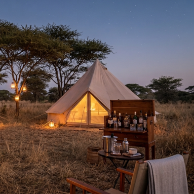 Private mobile tented fly-camp set up in the African bush with a bonfire at night, Kenya