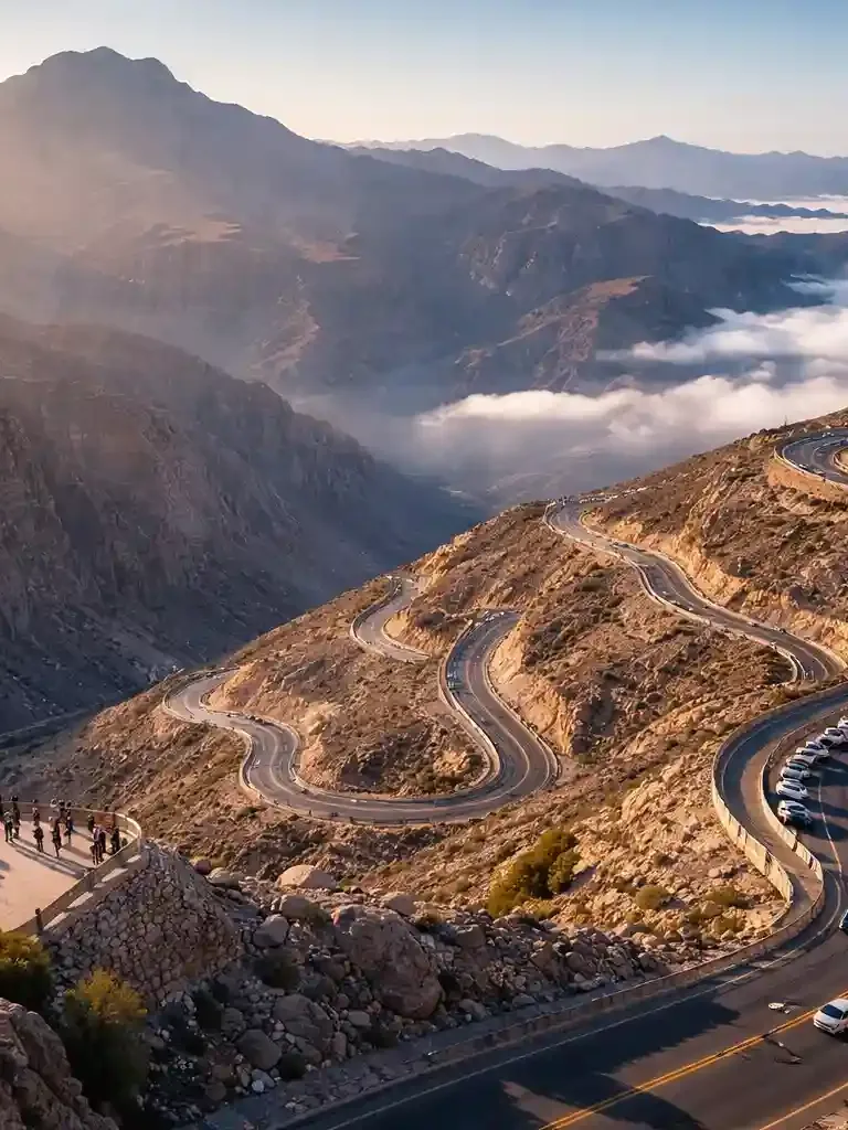 Jebel Jais mountains with zipline adventure over rugged landscape in Ras Al Khaimah