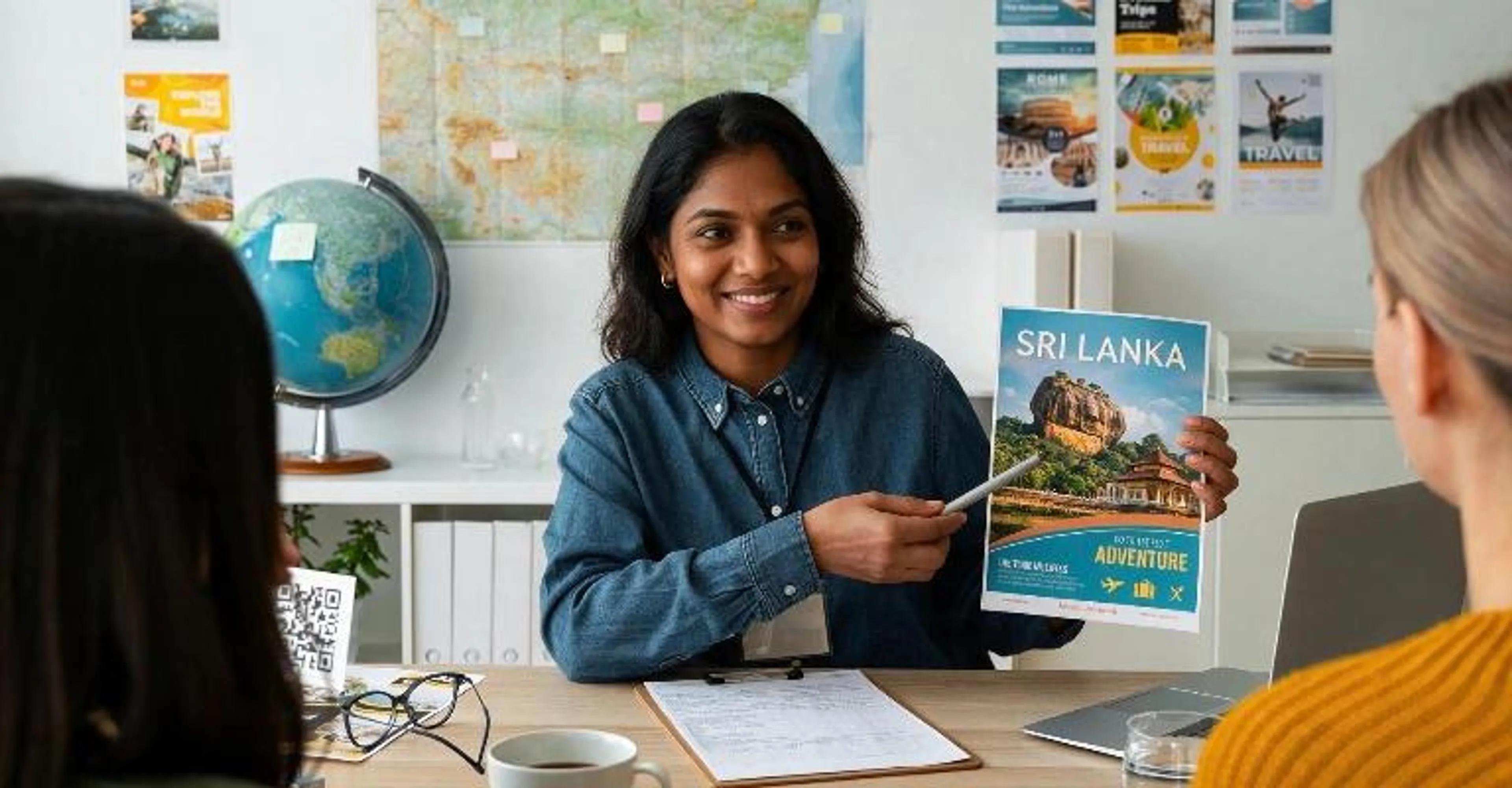 A travel agent smiling and showing a Sri Lanka brochure to clients across a desk.