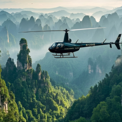 Helicopter flying over Guilin's limestone peaks, rivers and rice terraces