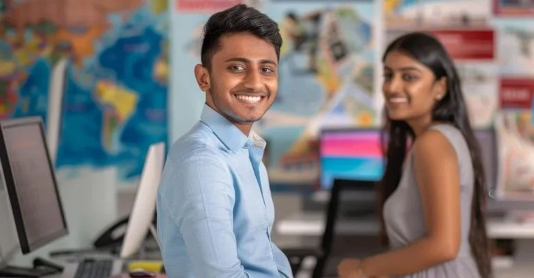 Two smiling travel agency employees at their desks, surrounded by maps and posters.