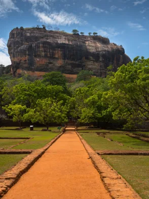 Sigiriya Lion Rock Fortress rising above lush landscapes in central Sri Lanka