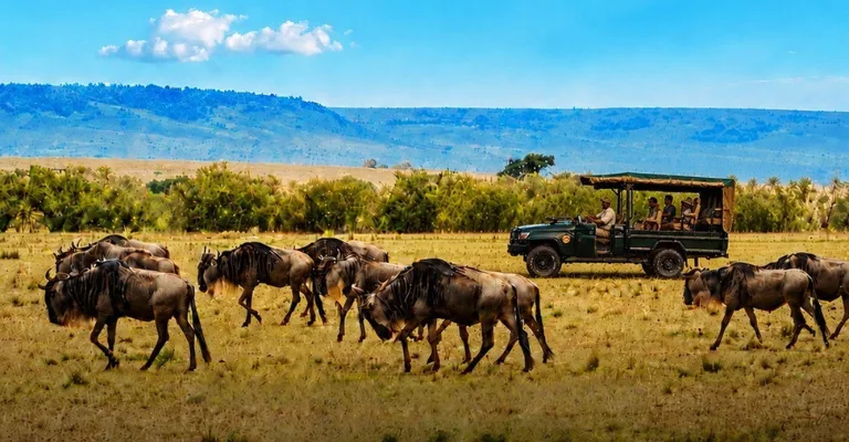 A herd of wildebeest migrates across the grassy plains of the Maasai Mara as a safari vehicle with tourists observes from a distance, with distant hills in the background