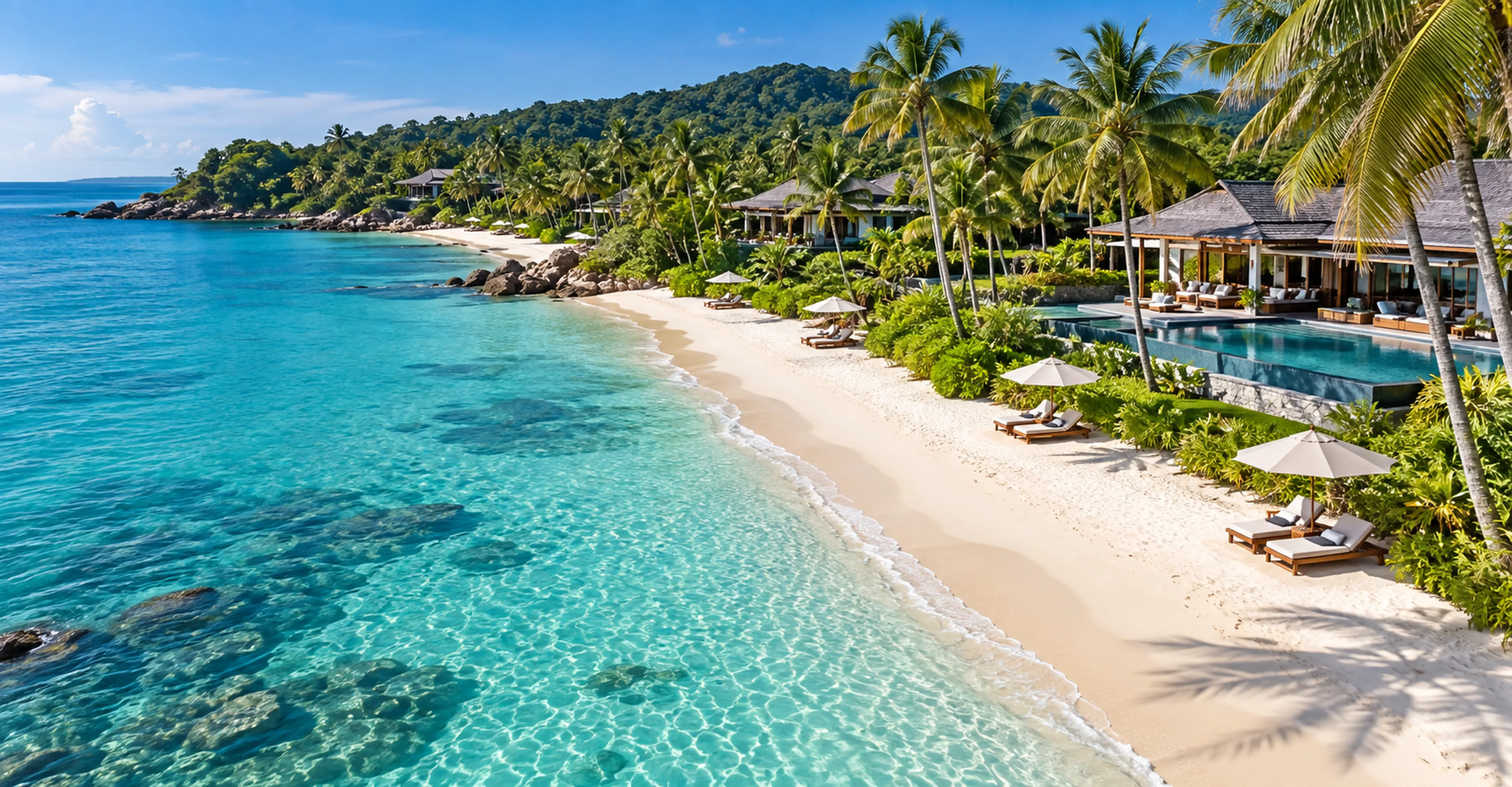 Luxury beachfront resort with pool villas and sun loungers on a white sand beach in Phu Quoc, Vietnam