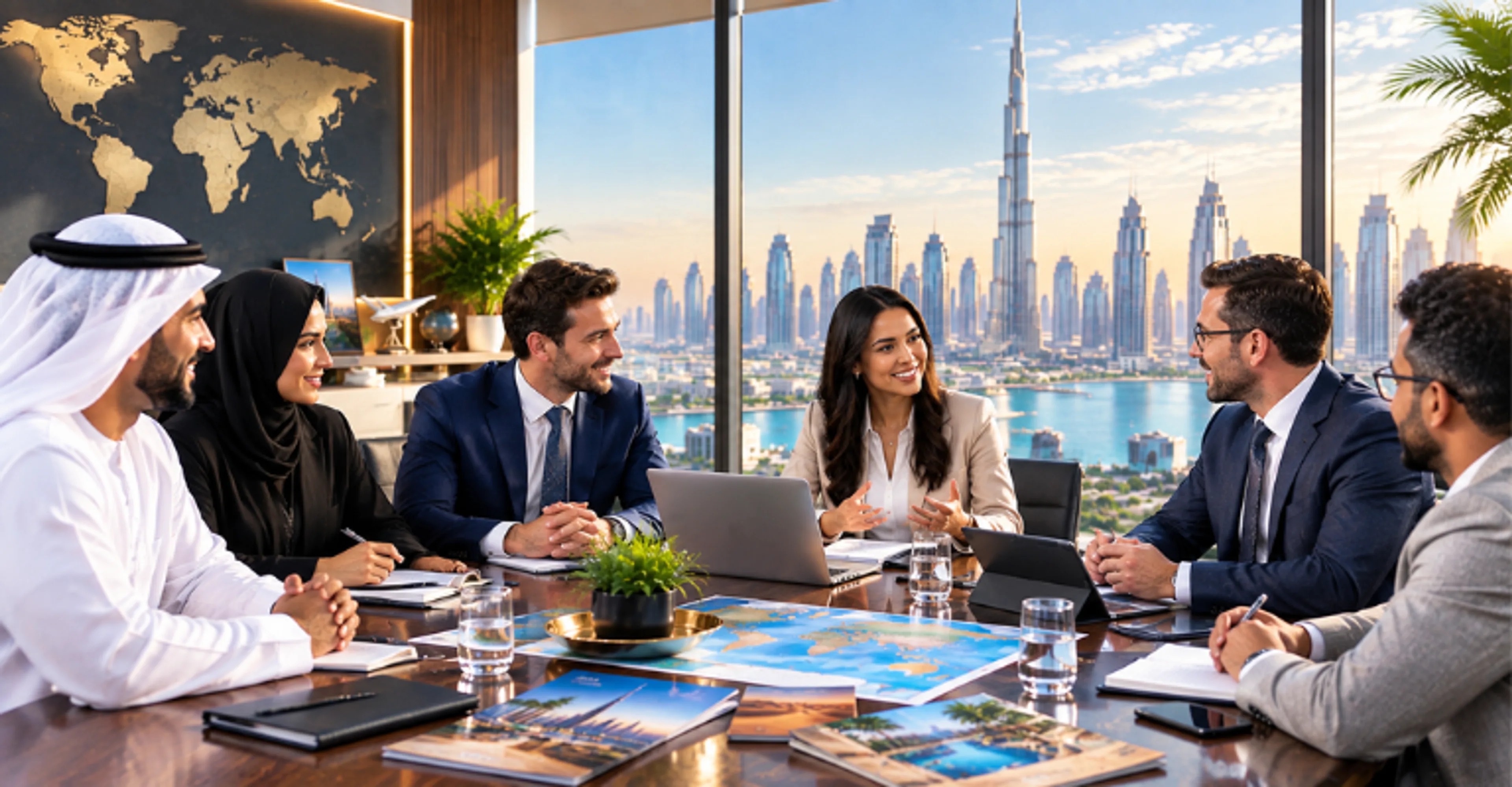 Royal Arabian team discussing itinerary plans with international partners in a Dubai office overlooking the skyline