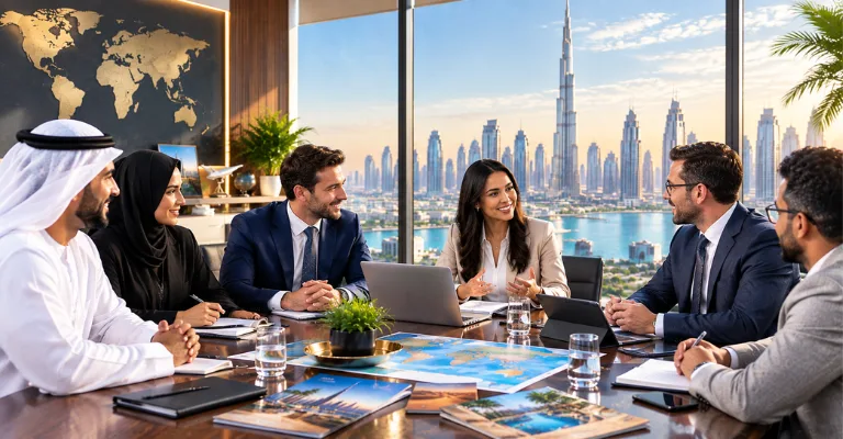 Royal Arabian team discussing itinerary plans with international partners in a Dubai office overlooking the skyline
