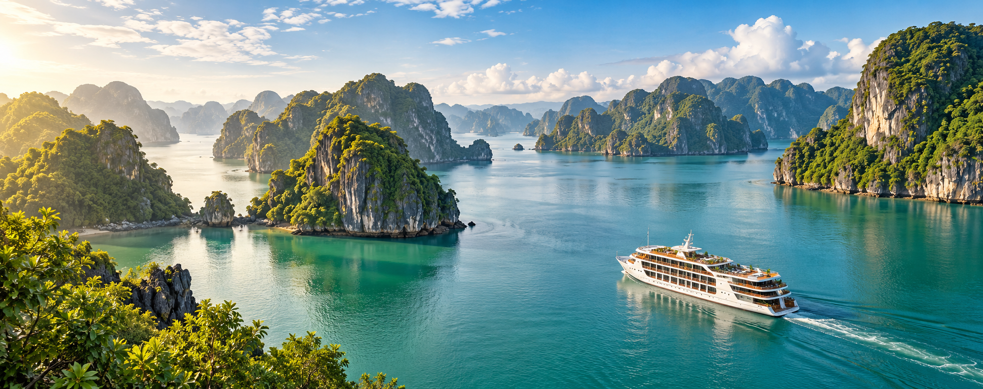 Cruise ship sailing through Ha Long Bay’s limestone islands