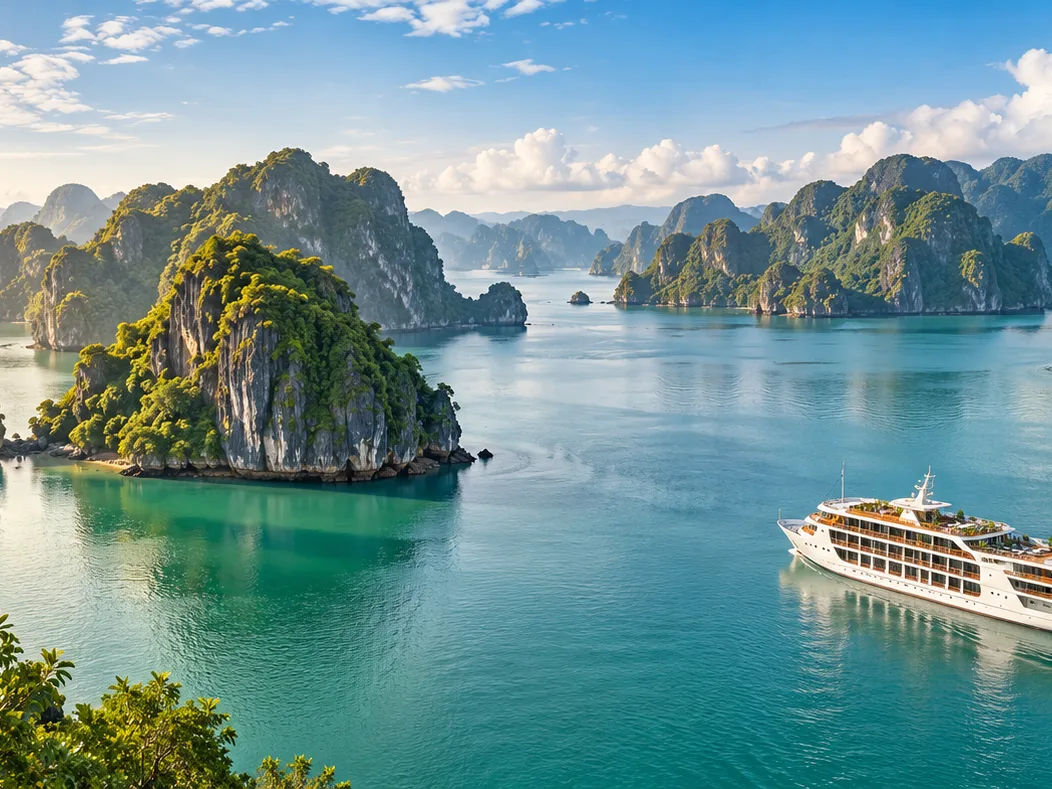 Cruise ship sailing through Ha Long Bay’s limestone islands
