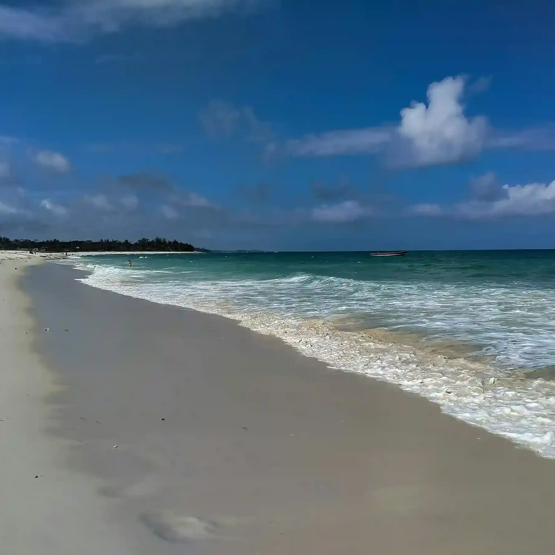White sandy beach and turquoise waters at Diani Beach with palm trees along the coast