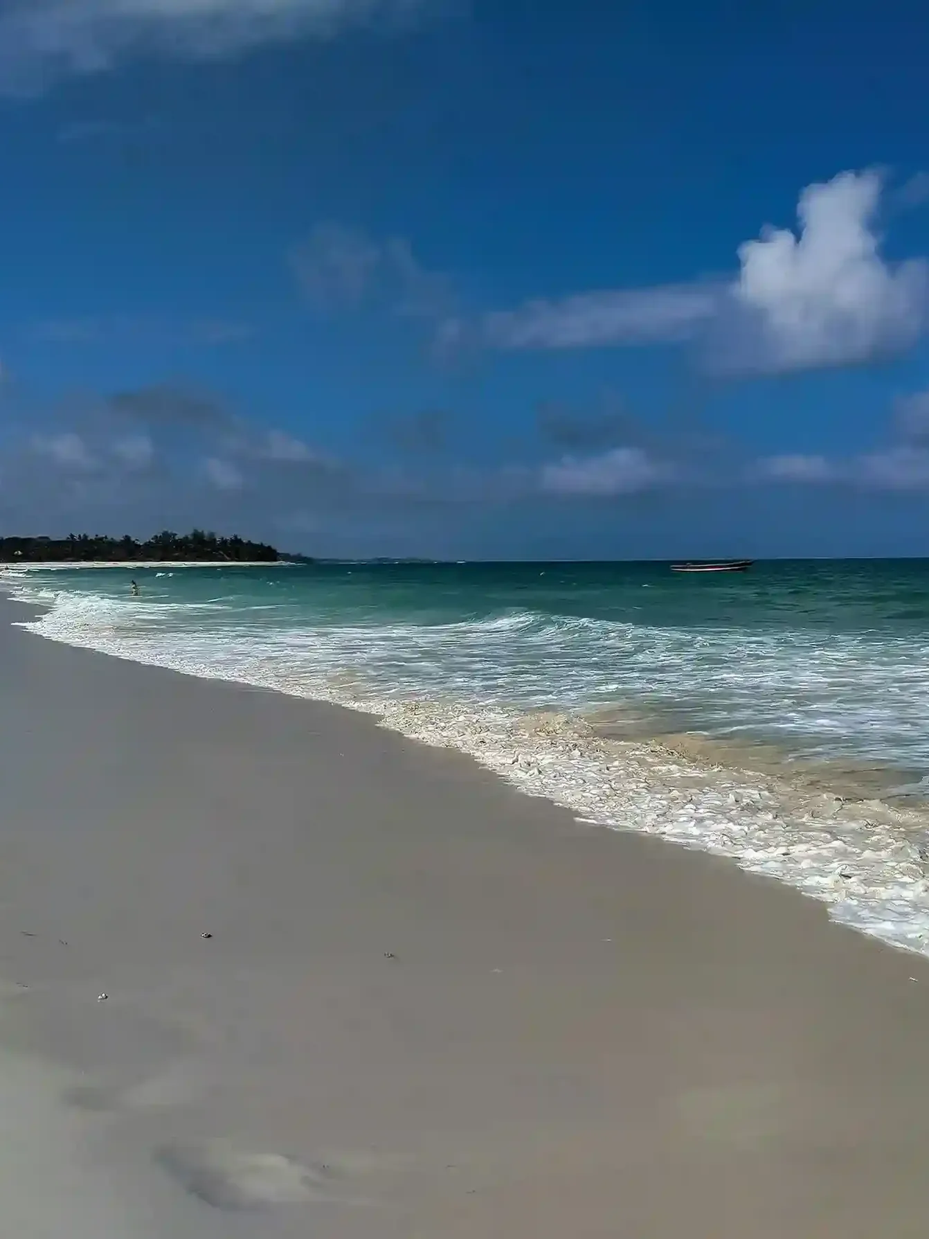 White sandy beach and turquoise waters at Diani Beach with palm trees along the coast