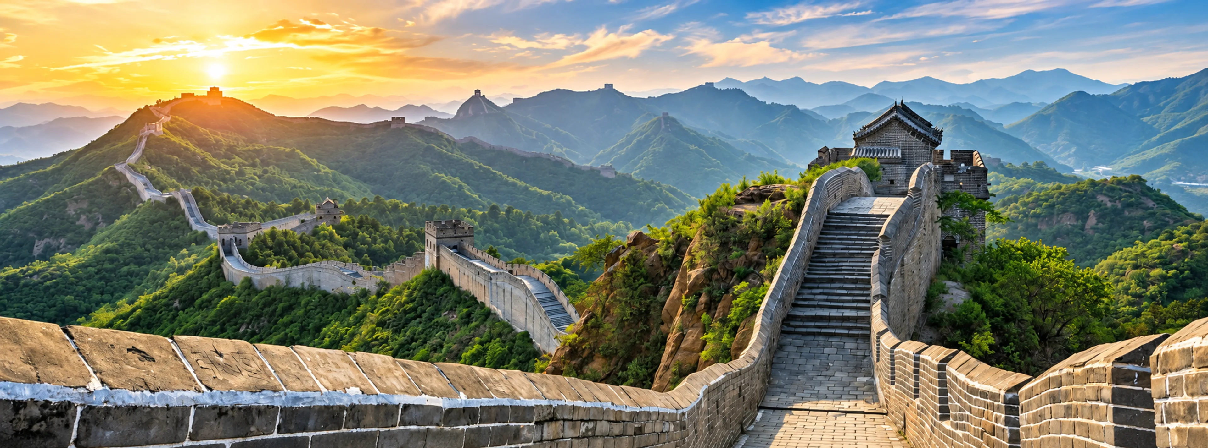 Great Wall of China winding along forested mountain ridges at sunrise.