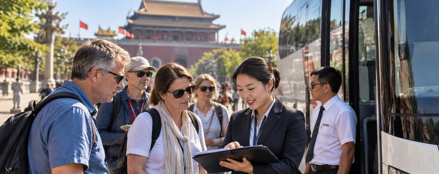 China DMC tour guide briefing travelers with a tablet in front of a historic Beijing gate, coach waiting nearby