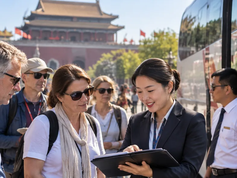China DMC tour guide briefing travelers with a tablet in front of a historic Beijing gate, coach waiting nearby