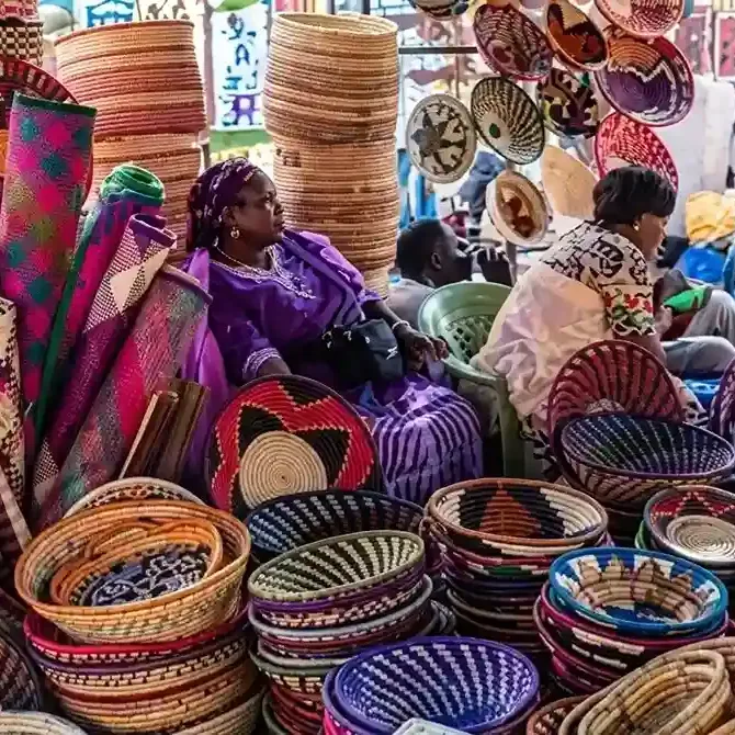 Busy Nairobi local market with handmade crafts, street vendors, and vibrant nightlife atmosphere