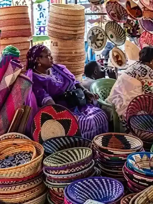 Busy Nairobi local market with handmade crafts, street vendors, and vibrant nightlife atmosphere