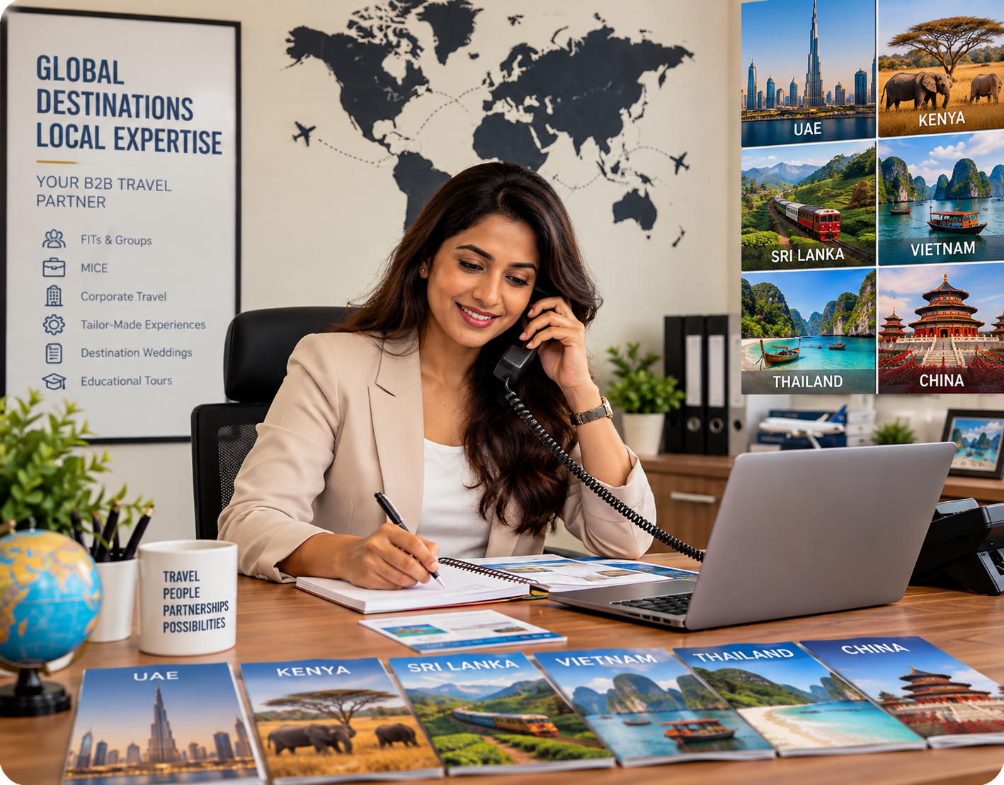 Travel consultant on the phone taking notes at a desk with brochures for UAE, Kenya, Sri Lanka, Vietnam, Thailand and China.