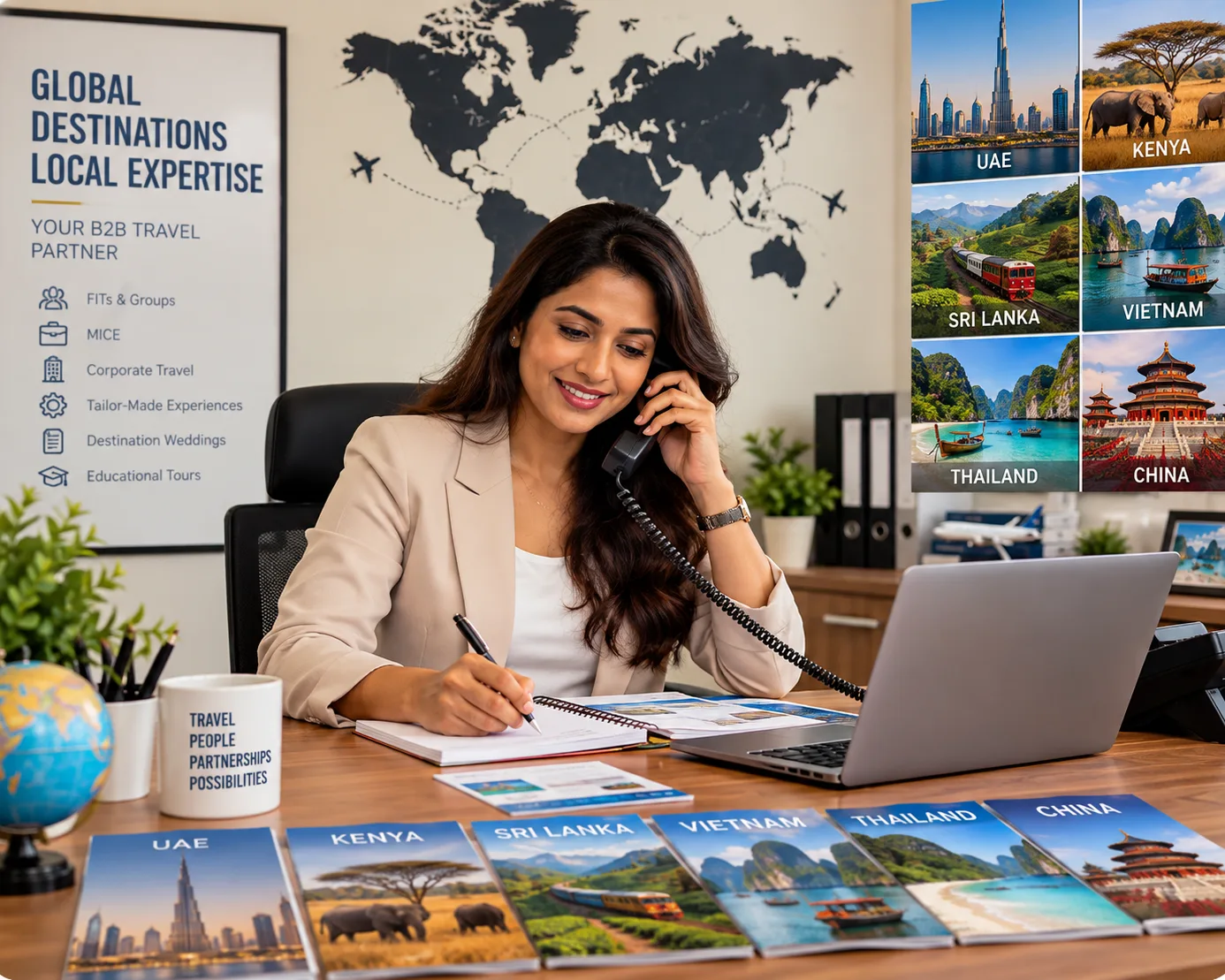 Travel consultant on the phone taking notes at a desk with brochures for UAE, Kenya, Sri Lanka, Vietnam, Thailand and China.