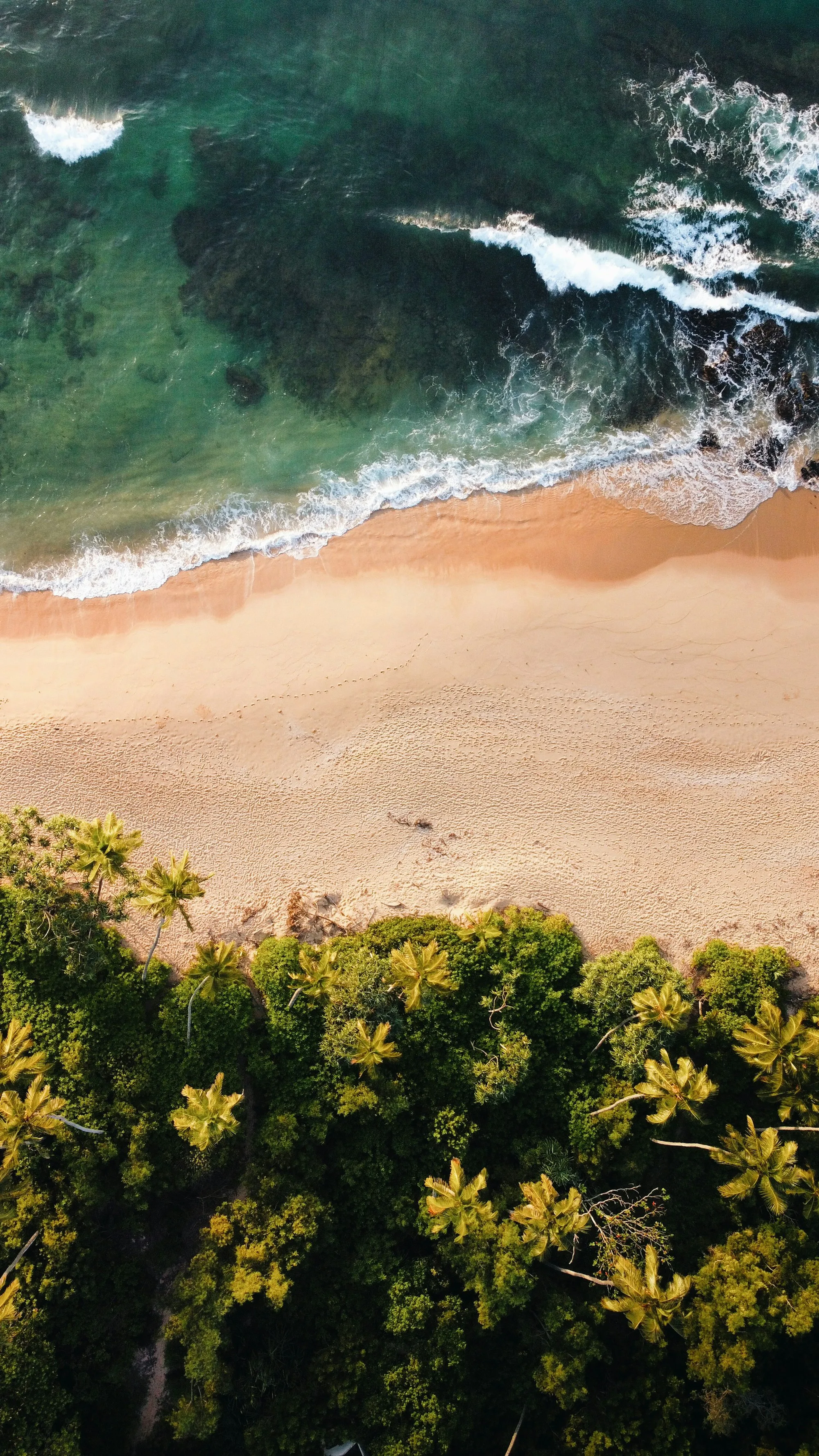 Aerial view of a sandy beach and turquoise ocean in Tangalle, Sri Lanka