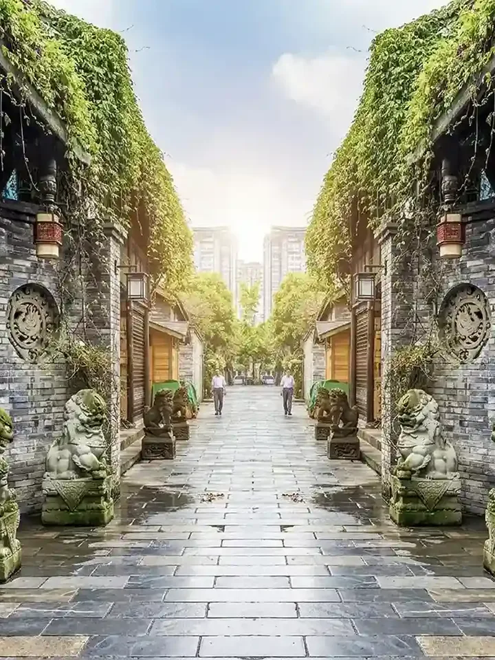 Kuanzhai Alley Chengdu with traditional Chinese buildings, lanterns, shops, and street food stalls