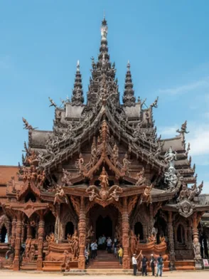 Sanctuary of Truth wooden temple with intricate carvings in Pattaya